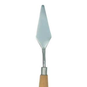 A close up of a Prime Art Palette Knife PK03. The palette knife is shown vertically, in the center of the frame, only part of the handle and the metal blade can be seen, the rest is cut off by the frame. The knife has a wooden handle and shaped metal blade. On a white background.