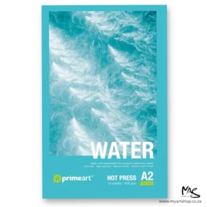 A single A2 Prime Art Hot Press Watercolour Pad is shown in the center of the frame. The pad has a light blue border on the cover, with a large image of light blue water. There is white text describing the qualities of the paper and the pad size and there is a prime art logo in the bottom left hand corner of the pad. The pad sits vertically / portrait, in the center of the frame and is on a white background.