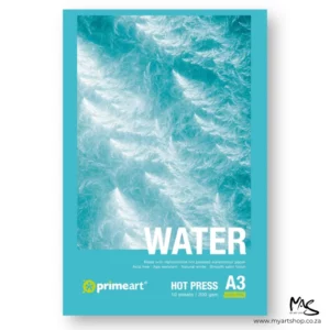 A single A3 Prime Art Hot Press Watercolour Pad is shown in the center of the frame. The pad has a light blue border on the cover, with a large image of light blue water. There is white text describing the qualities of the paper and the pad size and there is a prime art logo in the bottom left hand corner of the pad. The pad sits vertically / portrait, in the center of the frame and is on a white background.