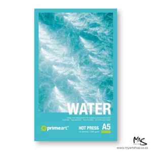 A single A5 Prime Art Hot Press Watercolour Pad is shown in the center of the frame. The pad has a light blue border on the cover, with a large image of light blue water. There is white text describing the qualities of the paper and the pad size and there is a prime art logo in the bottom left hand corner of the pad. The pad sits vertically / portrait, in the center of the frame and is on a white background.