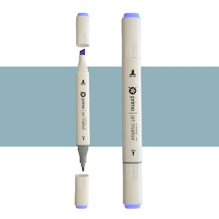 blue-grey-1-prime-art-alcohol-ink-marker two prime art alcohol ink markers are standing upright in the center of the image. the one on the left has both caps off showing the two different types of nibs. the one on the right has both the caps on. they are cream coloured pens with black writing on them. they are sitting infront of a horizontal stripe of colour that shows what colour the marker is. on a white background