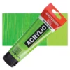 A single tube of Brilliant Green Amsterdam Acrylic Paint 120ml is shown diagonally across the center of the frame. The tube is made of a clear plastic and has a red band at the end of the tube with a hole so it can hang. The tube has a black, plastic flip top cap, that the bottle stands on. There is black text on the body of the tube describing the product colour and details. The colour of the paint can be seen through the tube. There is a rectangular colour swatch of the paint, behind the tube. The swatch shows the colour in different gradient's. The image is center of the frame and on a white background.