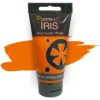 A single tube of Cadmium Orange Deep Hue Prime Art Iris Acrylic Paint 75ml is shown in the frame. The tube is a clear plastic with a black printed band at the top of each tube that has the Prime Art Iris Logo printed on it. The tube has a black flip cap that the tube stands on. You can see the colour of the paint through the tube. On a white background.