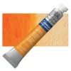A single Cadmium Orange Hue Winsor and Newton Cotman Watercolour 8ml Tube is shown diagonally across the frame. The back of the tube is facing the bottom left hand corner of the frame and the lid of the tube is facing the top, right hand corner of the frame. The tube is silver and the Winsor and Newton logo is printed at the top of the tube. There is a blue band below the logo and the words 'Cotman Watercolour' are printed on the blue band in white. Then there is a large colour band around the base of the tube that denotes the colour of the paint. The tube colour and paint properties are indicated on this colour band in black text. The tube has a white, plastic screw on cap. There is a rectangular colour swatch behind the tube that shows how the colour works on a gradient scale. The entire image is center of the frame and on a white background.