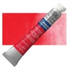 A single Cadmium Red Deep Hue Winsor and Newton Cotman Watercolour 8ml Tube is shown diagonally across the frame. The back of the tube is facing the bottom left hand corner of the frame and the lid of the tube is facing the top, right hand corner of the frame. The tube is silver and the Winsor and Newton logo is printed at the top of the tube. There is a blue band below the logo and the words 'Cotman Watercolour' are printed on the blue band in white. Then there is a large colour band around the base of the tube that denotes the colour of the paint. The tube colour and paint properties are indicated on this colour band in black text. The tube has a white, plastic screw on cap. There is a rectangular colour swatch behind the tube that shows how the colour works on a gradient scale. The entire image is center of the frame and on a white background.