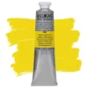 A single tube of Cadmium Yellow Lukas Cryl STUDIO Acrylics 75ml is shown in the center of the frame, standing vertically. The tube is silver and has a colour band around the body of the tube that denotes the colour of the paint inside. The Lukas name and logo is printed at the top of the tube and there is black text below the logo that describes the paint. The tube has a white plastic, screw on lid. There is a paint swatch in the background that indicates the colour of the paint inside the tube. The image is center of the frame and on a white background.