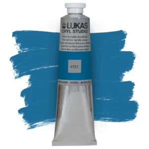 A single tube of Cerulean Blue Lukas Cryl STUDIO Acrylics 75ml is shown in the center of the frame, standing vertically. The tube is silver and has a colour band around the body of the tube that denotes the colour of the paint inside. The Lukas name and logo is printed at the top of the tube and there is black text below the logo that describes the paint. The tube has a white plastic, screw on lid. There is a paint swatch in the background that indicates the colour of the paint inside the tube. The image is center of the frame and on a white background.