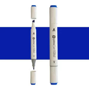 two prime art alcohol ink markers are standing upright in the center of the image. the one on the left has both caps off showing the two different types of nibs. the one on the right has both the caps on. they are cream coloured pens with black writing on them. they are sitting infront of a horizontal stripe of colour that shows what colour the marker is. on a white background