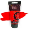 A single tube of Fluro Red Prime Art Iris Acrylic Paint 75ml is shown in the frame. The tube is a clear plastic with a black printed band at the top of each tube that has the Prime Art Iris Logo printed on it. The tube has a black flip cap that the tube stands on. You can see the colour of the paint through the tube. On a white background.