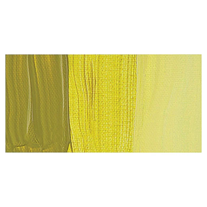 green-gold-winsor-and-newton-galeria-acrylic-paint-60ml-02 A rectangular colour swatch of Green Gold Winsor and Newton Galeria Acrylic Paint is shown across the center of the frame. The colour swatch shows the tube colour in three gradients from left to right. On a white background.