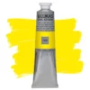 A single tube of Lemon Yellow Primary Lukas Cryl STUDIO Acrylics 75ml is shown in the center of the frame, standing vertically. The tube is silver and has a colour band around the body of the tube that denotes the colour of the paint inside. The Lukas name and logo is printed at the top of the tube and there is black text below the logo that describes the paint. The tube has a white plastic, screw on lid. There is a paint swatch in the background that indicates the colour of the paint inside the tube. The image is center of the frame and on a white background.