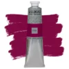 A single tube of Mauve Lukas Cryl STUDIO Acrylics 75ml is shown in the center of the frame, standing vertically. The tube is silver and has a colour band around the body of the tube that denotes the colour of the paint inside. The Lukas name and logo is printed at the top of the tube and there is black text below the logo that describes the paint. The tube has a white plastic, screw on lid. There is a paint swatch in the background that indicates the colour of the paint inside the tube. The image is center of the frame and on a white background.