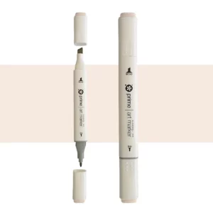 two prime art alcohol ink markers are standing upright in the center of the image. the one on the left has both caps off showing the two different types of nibs. the one on the right has both the caps on. they are cream coloured pens with black writing on them. they are sitting infront of a horizontal stripe of colour that shows what colour the marker is. on a white background