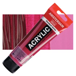 A single tube of Permanent Red Violet Amsterdam Acrylic Paint 120ml is shown diagonally across the center of the frame. The tube is made of a clear plastic and has a red band at the end of the tube with a hole so it can hang. The tube has a black, plastic flip top cap, that the bottle stands on. There is black text on the body of the tube describing the product colour and details. The colour of the paint can be seen through the tube. There is a rectangular colour swatch of the paint, behind the tube. The swatch shows the colour in different gradient's. The image is center of the frame and on a white background.