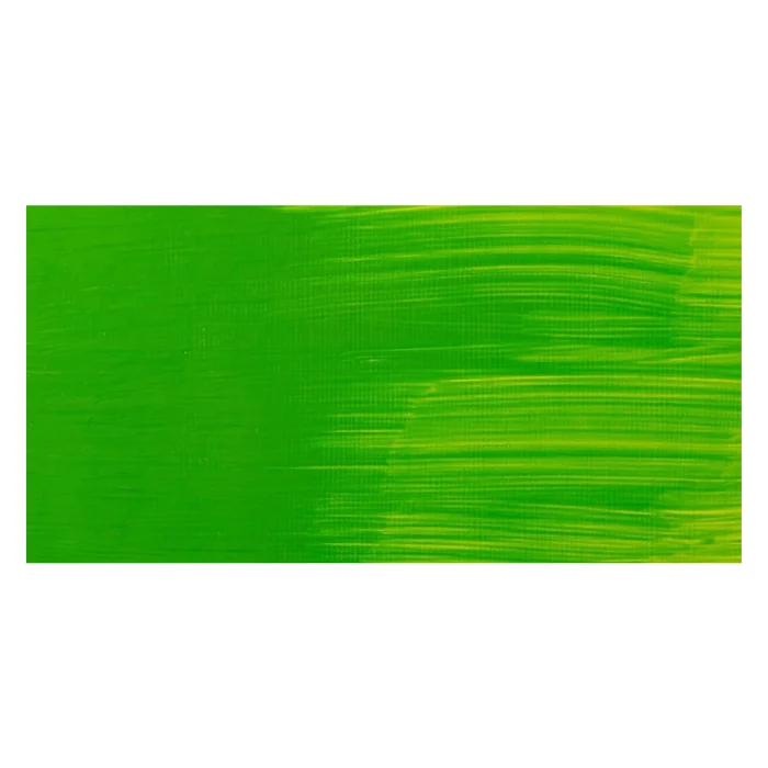 phthalo-yellow-green-winsor-and-newton-winton-oil-paint-37ml-02 A rectangular colour swatch of Phthalo Yellow Green Winsor and Newton Winton Oil Paint is shown across the center of the frame. The colour swatch shows the tube colour in three gradients from left to right. On a white background.