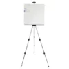 A single Prime Art Aluminum Folding Easel is shown in the center of the frame, holding a square, white Prime Art canvas. The easel is made of a silver aluminium with black plastic pieces that allow the easel to extend. On a white background.