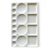 A Prime Art Plastic Palette 16 Well Rectangular is shown, vertically in the center of the frame. The palette is made of a white plastic and has 16 wells to hold colour. Some of the wells are circular and some are rectangular. The image is center of the frame and on a white background.