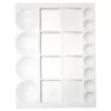 A Prime Art Plastic Palette 20 Well Large Rectangular is shown, vertically in the center of the frame. The palette is made of a white plastic and has 20 wells to hold colour. There are 8 small, circular wells, 4 large wells and 8 square wells in the center of the palette. The image is center of the frame and on a white background.