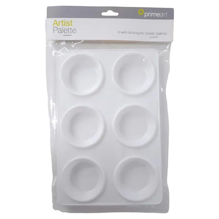 prime-art-plastic-palette-6-well-deep-02 A Prime Art Plastic Palette 6 Well Deep is shown in the center of the frame vertically, in it's packaging. It has a cardboard backing board and header and the prime art logo is printed on the top right hand corner of the header. You can see the palette through the clear plastic packaging. The palette is made of a white plastic and has 6 wells to hold colour. The image is center of the frame and on a white background.