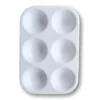A Prime Art Plastic Palette 6 Well Rectangular is shown, vertically in the center of the frame. The palette is made of a white plastic and has 6 wells to hold colour. The image is center of the frame and on a white background.