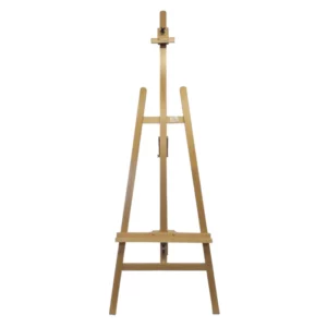 A single Prime Art Wooden A-Frame Easel is shown in the center of the frame. It is a wooden easel and has the prime art logo printed on it. It is a large, floor standing easel and can accommodate large canvas. On a white background.