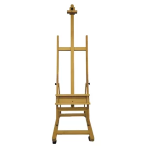 A single Prime Art Wooden Studio H-Frame Beech Easel with Wheels is shown in the center of the frame. It is a view of the front of the easel. The easel is made of a light beech wood and the castor wheels are black plastic. On a white background.