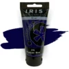 A single tube of Prussian Blue Prime Art Iris Acrylic Paint 75ml is shown in the frame. The tube is a clear plastic with a black printed band at the top of each tube that has the Prime Art Iris Logo printed on it. The tube has a black flip cap that the tube stands on. You can see the colour of the paint through the tube. On a white background.