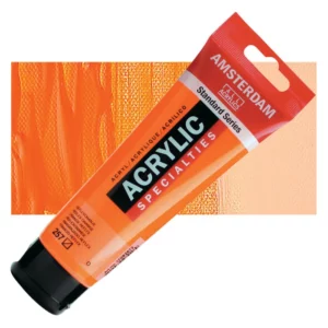A single tube of Reflex Orange Amsterdam Acrylic Paint 120ml is shown diagonally across the center of the frame. The tube is made of a clear plastic and has a red band at the end of the tube with a hole so it can hang. The tube has a black, plastic flip top cap, that the bottle stands on. There is black text on the body of the tube describing the product colour and details. The colour of the paint can be seen through the tube. There is a rectangular colour swatch of the paint, behind the tube. The swatch shows the colour in different gradient's. The image is center of the frame and on a white background.