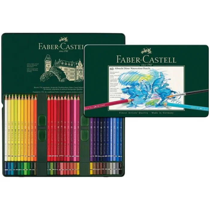 set-of-60-faber-castell-albrecht-durer-water-colour-pencils-01 A Set of 60 Faber Castell Albrecht Durer Water Colour Pencils is shown in the frame, along the left hand side of the frame. This set is open and you can see the pencils in the bottom of the tin. The pencils are lined up next to each other and each pencil has a different coloured barrel that denotes the colour of the lead. The Faber Castell logo is printed on the inside of the green tin lid. There is a sealed set shown overlapping the open set. This shows the cover of the tin lid. The tin is green and there is an image of an abstract horse on the cover that was made using the pencils. The Faber Castell logo is printed at the top of the tin. The image is on a white background.