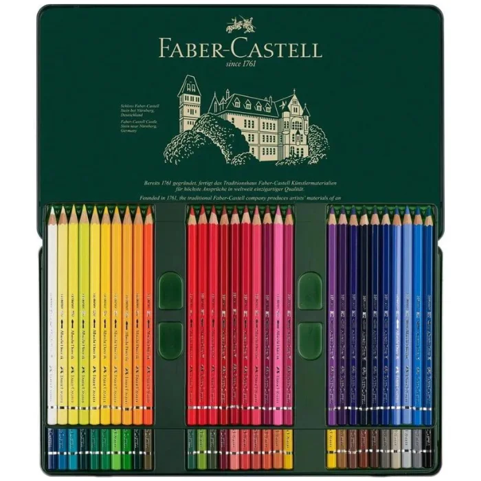 set-of-60-faber-castell-albrecht-durer-water-colour-pencils-02 An open Set of 60 Faber Castell Albrecht Durer Water Colour Pencils is seen in the center of the frame. The tin is green and has the Faber Castell logo printed on the inside of the tin lid. The pencils are lined up in the base of the tin. The barrels of the pencils are different colours which denotes the colour of the lead. Each pencil is a different colour. The image is center of the frame and on a white background.
