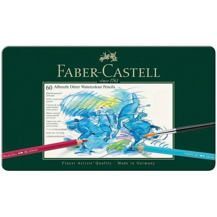 set-of-60-faber-castell-albrecht-durer-water-colour-pencils-03 A sealed Set of 60 Faber Castell Albrecht Durer Water Colour Pencils is shown in the center of the frame. The tin is green and there is a block in the center of the lid that has a picture that was drawn using the pencils. The image is of an abstract horse. The Faber Castell logo is printed at the top of the tin. The image is center of the frame and on a white background.