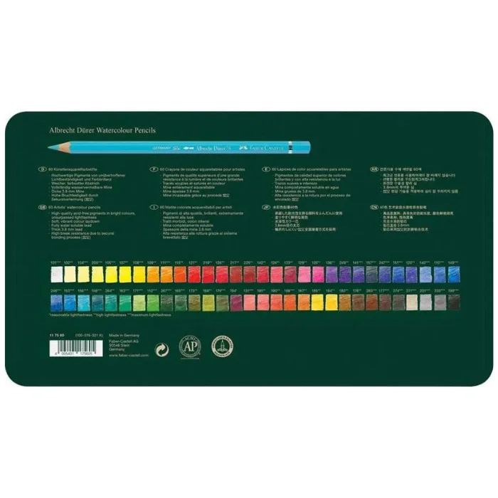 set-of-60-faber-castell-albrecht-durer-water-colour-pencils-04 The back of a Set of 60 Faber Castell Albrecht Durer Water Colour Pencils is shown in the frame. The tin is green and has text printed on it describing the product. There are small square colour blocks along the bottom of the frame that indicates the colours of the pencils in the set. The image is center of the frame and on a white background.