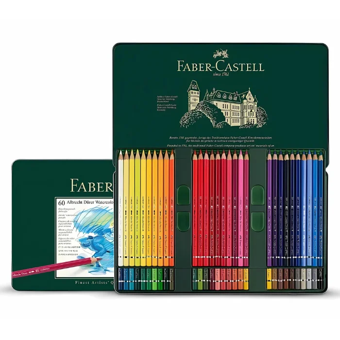 set-of-60-faber-castell-albrecht-durer-water-colour-pencils-05 A Set of 60 Faber Castell Albrecht Durer Water Colour Pencils is shown in the center of the frame. There is a sealed set at the back, along the left hand side of the frame and an open set at the front. The tin is green and has the Faber Castell logo printed on the back of the tin lid. You can see the pencils lined up in the bottom of the tin. The barrels of the pencils are different coloured and denote the colour of the lead. Each pencil is a different colour. The image is center of the frame and on a white background.