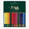 An open Set of 60 Faber Castell Albrecht Durer Water Colour Pencils is seen in the center of the frame. The tin is green and has the Faber Castell logo printed on the inside of the tin lid. The pencils are lined up in the base of the tin. The barrels of the pencils are different colours which denotes the colour of the lead. Each pencil is a different colour. The image is center of the frame and on a white background.