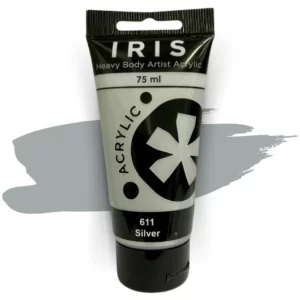 A single tube of Silver Prime Art Iris Acrylic Paint 75ml is shown in the frame. The tube is a clear plastic with a black printed band at the top of each tube that has the Prime Art Iris Logo printed on it. The tube has a black flip cap that the tube stands on. You can see the colour of the paint through the tube. On a white background.