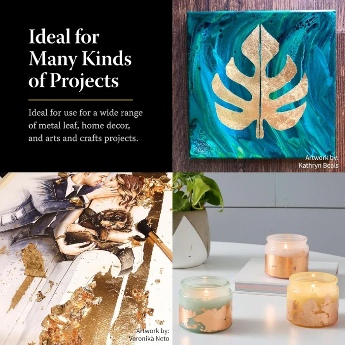 speedball-gold-leaf-adhesive-size-04 A promotional image for Speedball Gold Leaf Adhesive Size. The frame is cut into 4 equal segments, there is a different image in each segment showing products made using the gold size. There is a black square block in the top left hand segment that has white text describing the product.