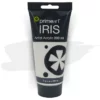 A single tube of Titanium White Prime Art Iris Acrylic Paint 200ml is shown in the frame. The tube is a clear plastic with a black printed band at the top of each tube that has the Prime Art Iris Logo printed on it. The tube has a black flip cap that the tube stands on. You can see the colour of the paint through the tube. On a white background.