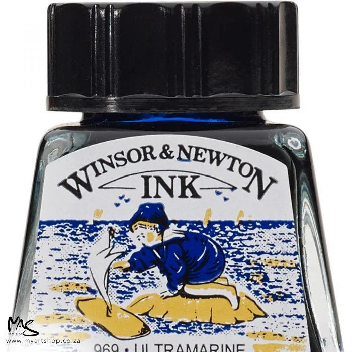 ultramarine-winsor-and-newton-drawing-ink-14ml-03 A close up of a single bottle of Ultramarine Winsor & Newton Drawing Ink. The bottom of the bottle is cut off by the frame. The bottle is clear glass so you can see the colour of the ink inside, with a black screw on plastic lid. There is a label on the front of the bottle with the brand logo.