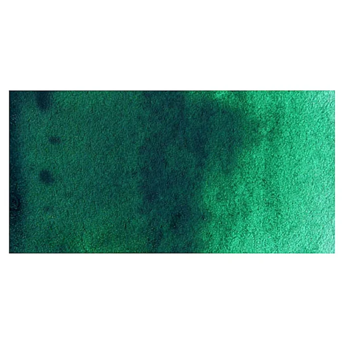 viridian-hue-winsor-and-newton-cotman-watercolour-8ml-tube-02 A rectangular colour swatch of Viridian Hue Winsor and Newton Cotman Watercolour Paint is shown across the center of the frame. The colour swatch shows the tube colour in three gradients from left to right. On a white background.