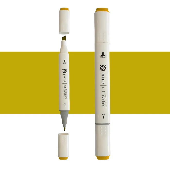yellow-green-prime-art-alcohol-ink-marker two prime art alcohol ink markers are standing upright in the center of the image. the one on the left has both caps off showing the two different types of nibs. the one on the right has both the caps on. they are cream coloured pens with black writing on them. they are sitting infront of a horizontal stripe of colour that shows what colour the marker is. on a white background