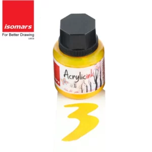 A single bottle of Yellow Isomars Acrylic Ink 30ml is shown at the top of the frame. There is a colour swatch below the bottle, to indicate the colour of the ink. The bottle is a clear plastic so you can see the colour of the ink inside. It has a black, plastic, screw on lid and a printed label around the body of the bottle. The label has the product name and details printed on it. The Isomars logo is printed in the top left hand corner of the frame. On a white background.