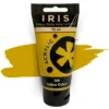 A single tube of Yellow Ochre Prime Art Iris Acrylic Paint 75ml is shown in the frame. The tube is a clear plastic with a black printed band at the top of each tube that has the Prime Art Iris Logo printed on it. The tube has a black flip cap that the tube stands on. You can see the colour of the paint through the tube. On a white background.