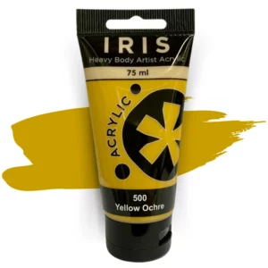 A single tube of Yellow Ochre Prime Art Iris Acrylic Paint 75ml is shown in the frame. The tube is a clear plastic with a black printed band at the top of each tube that has the Prime Art Iris Logo printed on it. The tube has a black flip cap that the tube stands on. You can see the colour of the paint through the tube. On a white background.