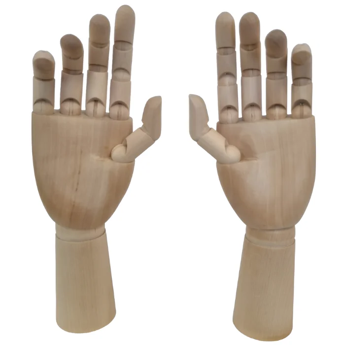 prime-art-hand-manikin-03 There are two Prime Art Hand Manikins shown in the frame. A left hand, and a right hand. They are wooden, jointed manikins. On a white background.