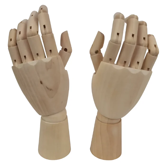 prime-art-hand-manikin-04 There are two Prime Art Hand Manikins shown in the frame. A left hand, and a right hand. They are wooden, jointed manikins. On a white background.