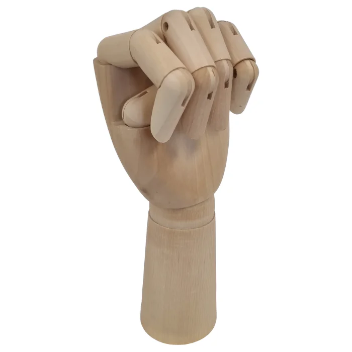prime-art-hand-manikin-06 A single Prime Art Hand Manikin is shown in the center of the frame, making a fist. The manikin is a wooden jointed hand on a white background.