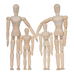 There are 4 wooden Prime Art Manikins in the frame. The two on either side are much larger than the two in the center. They are all facing frontwards and are all jointed. On a white background.