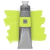 A single tube of Fluorescent Lemon Yellow Lukas Cryl STUDIO Acrylics 75ml is shown in the center of the frame, standing vertically. The tube is silver and has a colour band around the body of the tube that denotes the colour of the paint inside. The Lukas name and logo is printed at the top of the tube and there is black text below the logo that describes the paint. The tube has a white plastic, screw on lid. There is a paint swatch in the background that indicates the colour of the paint inside the tube. The image is center of the frame and on a white background.