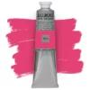 A single tube of Cryl Lukas Cryl STUDIO Acrylics 75ml is shown in the center of the frame, standing vertically. The tube is silver and has a colour band around the body of the tube that denotes the colour of the paint inside. The Lukas name and logo is printed at the top of the tube and there is black text below the logo that describes the paint. The tube has a white plastic, screw on lid. There is a paint swatch in the background that indicates the colour of the paint inside the tube. The image is center of the frame and on a white background.