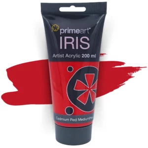 A single tube of Cadmium Red Medium Hue Prime Art Iris Acrylic Paint 200ml is shown in the frame. The tube is a clear plastic with a black printed band at the top of each tube that has the Prime Art Iris Logo printed on it. The tube has a black flip cap that the tube stands on. You can see the colour of the paint through the tube. On a white background.